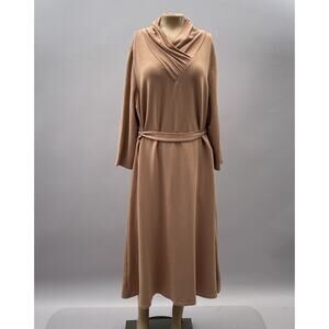 Calvin Klein Dress Women XL Brown Midi Shift Belted Shawl Collar Classic Fall